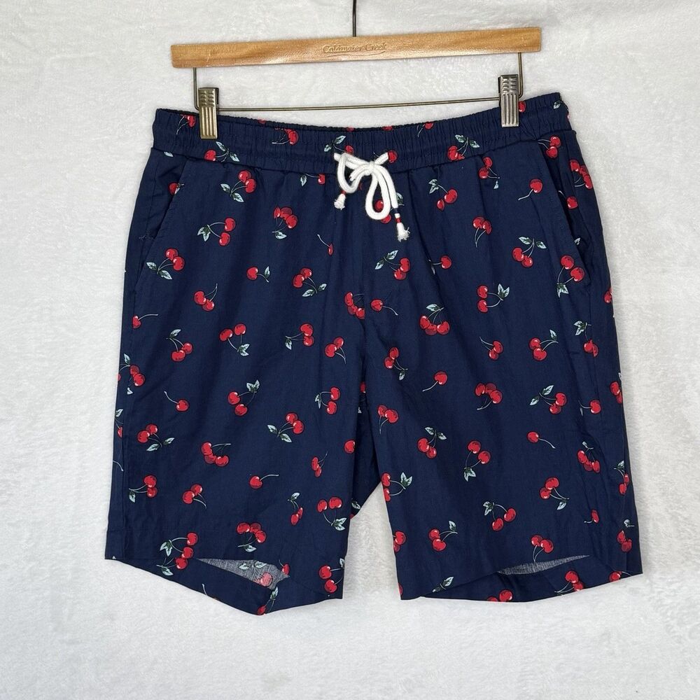 JOGAL Mens Large Navy Blue with Red Cherry Print Cotton Shorts Beach Boho Summer